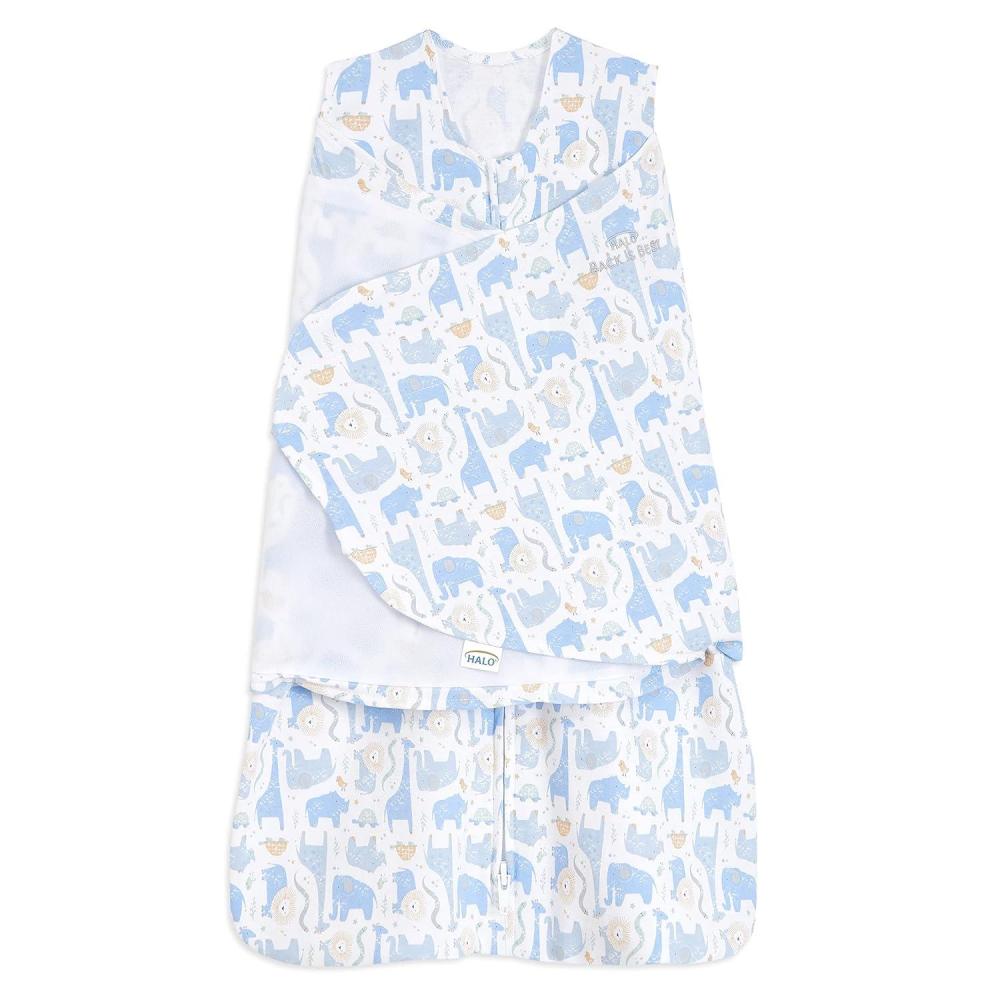 imageHALO 100 Cotton Sleepsack Swaddle 3Way Adjustable Wearable Blanket TOG 15 Baby Blue Newborn 03 MonthsBlue Safari