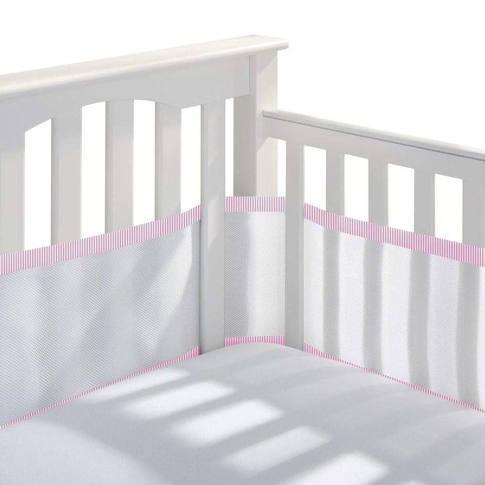 imageBreathableBaby Breathable Mesh Liner for FullSize Cribs Classic 3mm Mesh White Size 4FS Covers 3 or 4 SidesWhite with Rose Seersucker
