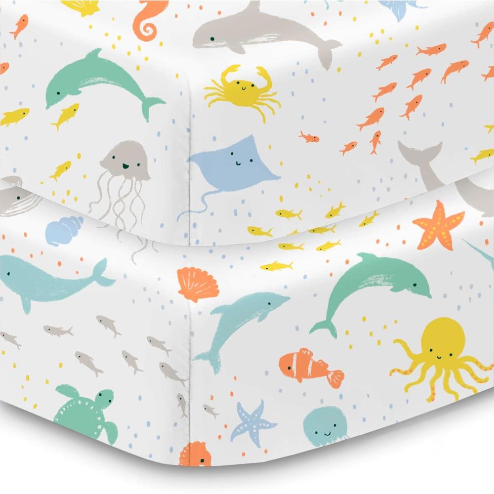 imageBreathableBaby Cotton Percale Fitted Sheet for 52 x 28132 x 71 cm Crib amp Toddler Bed Mattress Safari 2PackSea Life