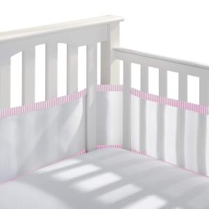 BreathableBaby Breathable Mesh Liner for Full-Size Cribs, Classic 3mm Mesh, White (Size 4FS Covers 3 or 4 Sides)(White with Rose Seersucker)