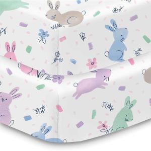 BreathableBaby Cotton Percale Fitted Sheet, for 52″ x 28″/132 x 71 cm Crib & Toddler Bed Mattress, Safari (2-Pack)(Bunnies)