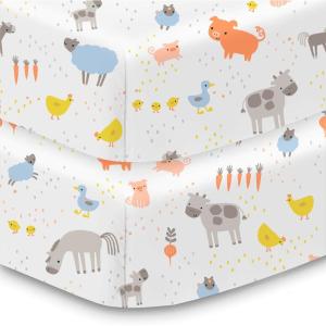 BreathableBaby Cotton Percale Fitted Sheet, for 52″ x 28″/132 x 71 cm Crib & Toddler Bed Mattress, Safari (2-Pack)(Farm)