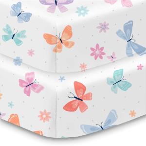 BreathableBaby Cotton Percale Fitted Sheet, for 52″ x 28″/132 x 71 cm Crib & Toddler Bed Mattress, Safari (2-Pack)(Flutter)