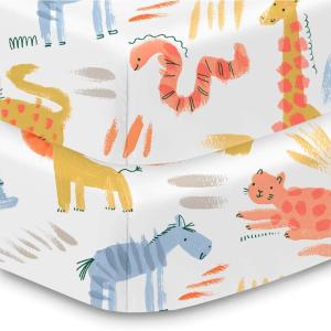 BreathableBaby Cotton Percale Fitted Sheet, for 52″ x 28″/132 x 71 cm Crib & Toddler Bed Mattress, Safari (2-Pack)(Safari)