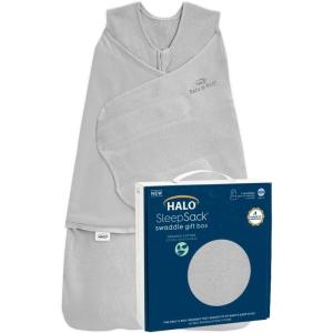 HALO Sleepsack Swaddle 100% Organic Cotton Newborn 1-Piece Gift Set with Box, TOG 1.5, 0-3 Months, Chambray(Cloud – Gift Box)