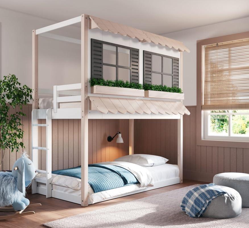 imageChild Craft Modern Farmhouse Twin Over Twin Bunk Bed for Kids Low Wooden Montessori Bunk Bed Easy to Access Ladder to Top Bunk NonToxic Baby Safe FinishGarden Cottage