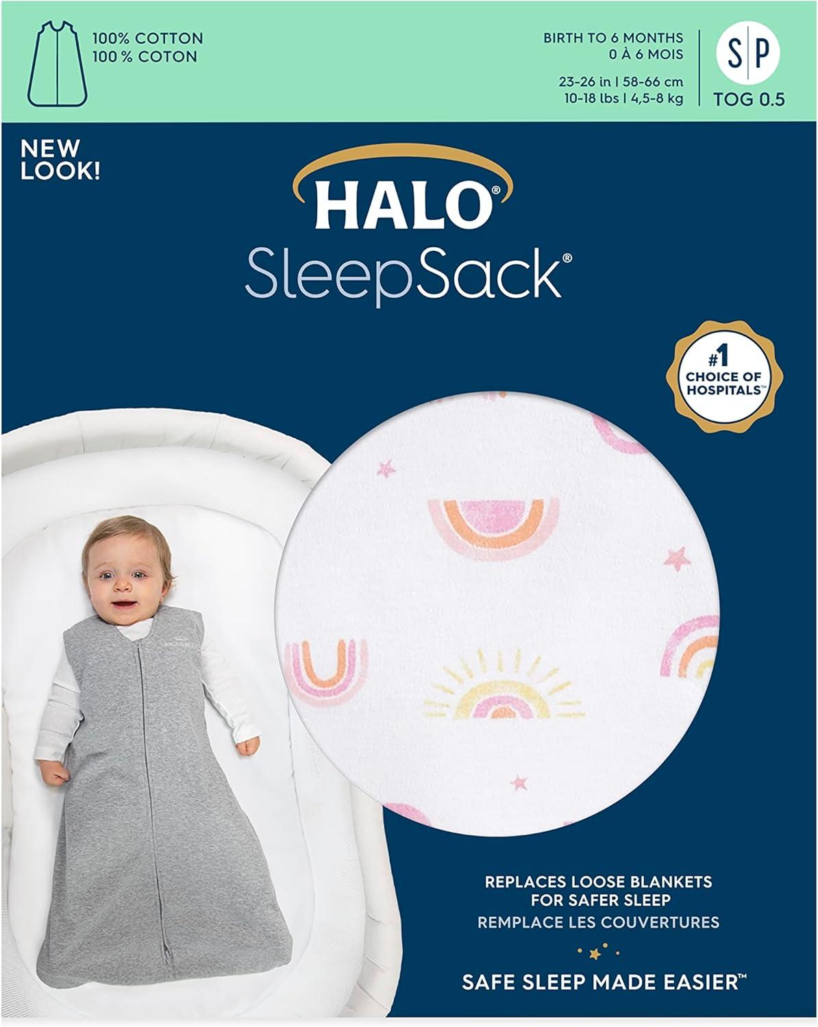 imageHALO Sleepsack 100 Cotton Wearable Blanket Swaddle Transition Sleeping Bag TOG 05 Sunshine Rainbows Large