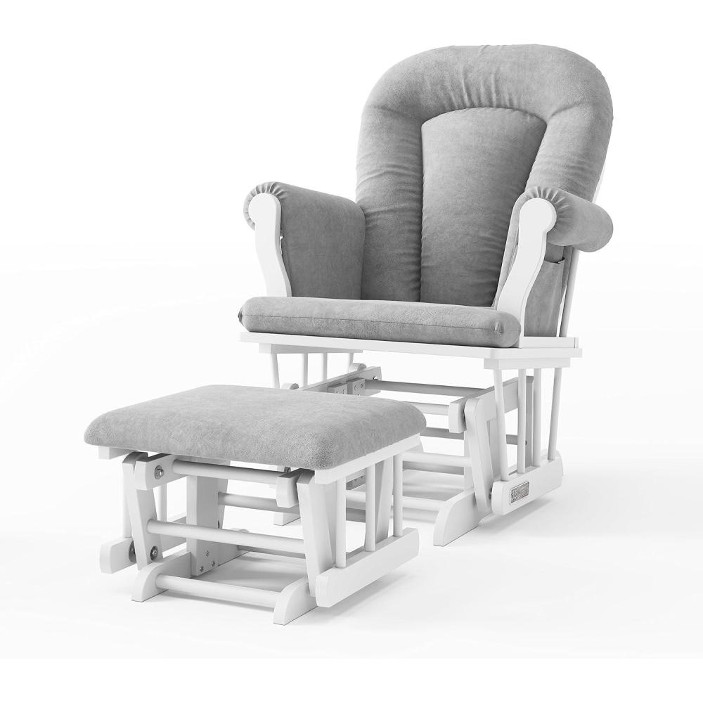 imageChild Craft Cozy Glider Rocker and Ottoman Set Padded Cushion with Convenient Storage Pockets Solid Wood Base amp Frame Matte White with Light Gray CushionMatte White With Light Gray Cushion