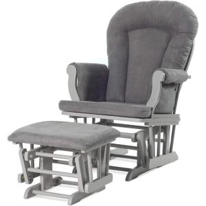 Child Craft Cozy Glider Rocker and Ottoman Set, Padded Cushion with Convenient Storage Pockets, Solid Wood Base & Frame (Matte White with Light Gray Cushion)(Cool Gray With Dark Gray Cushion)