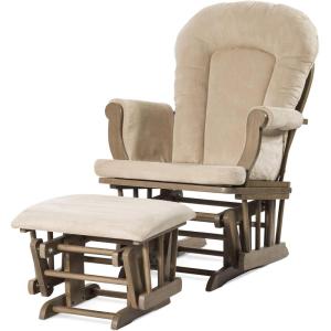 Child Craft Cozy Glider Rocker and Ottoman Set, Padded Cushion with Convenient Storage Pockets, Solid Wood Base & Frame (Matte White with Light Gray Cushion)(Dusty Heather With Beige Cushion)