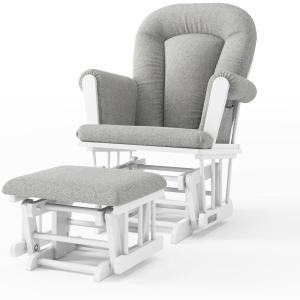 Child Craft Cozy Glider Rocker and Ottoman Set, Padded Cushion with Convenient Storage Pockets, Solid Wood Base & Frame (Matte White with Light Gray Cushion)(Matte White With Gray Cushion)