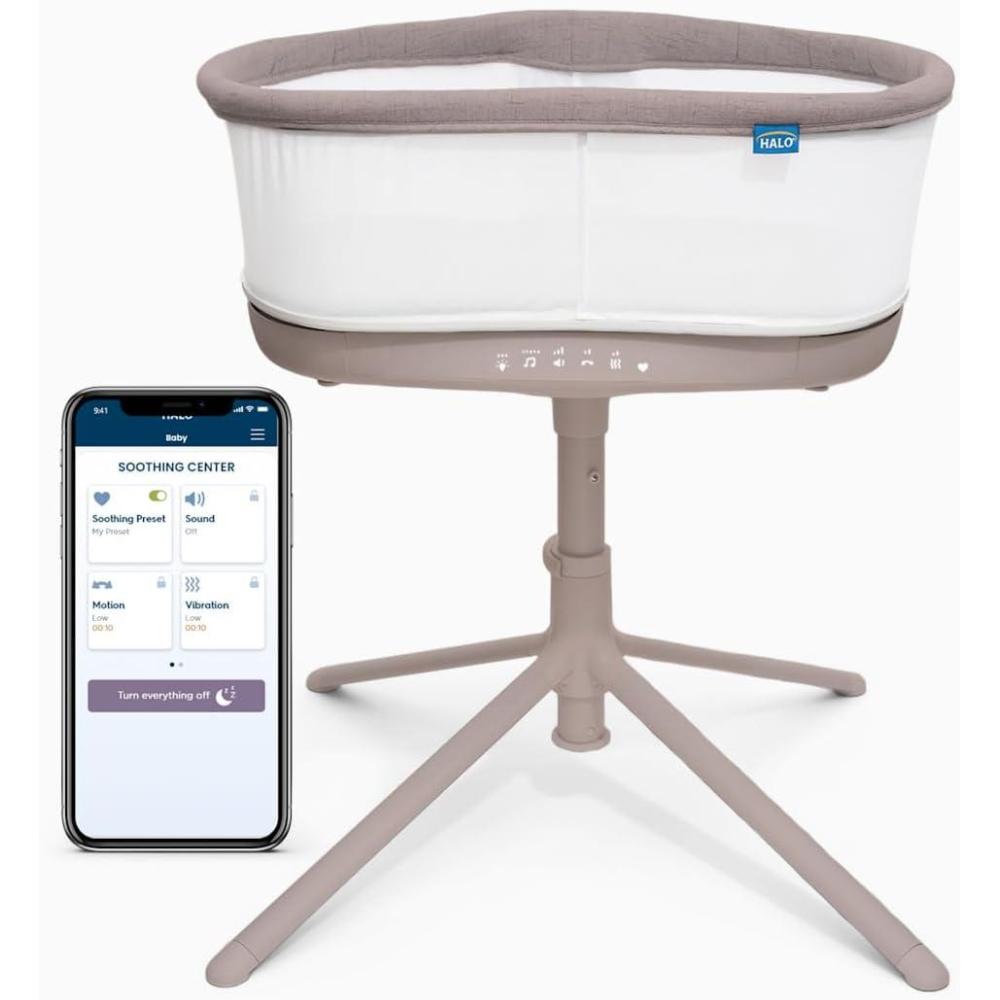 imageHALO BassiNest Connected Swivel Sleeper 30 Smart Bassinet with AutoSoothe 360 Swivel Cry Detection Rocking Vibration amp Soothing Sounds Easy Lowering Wall Warm Grey